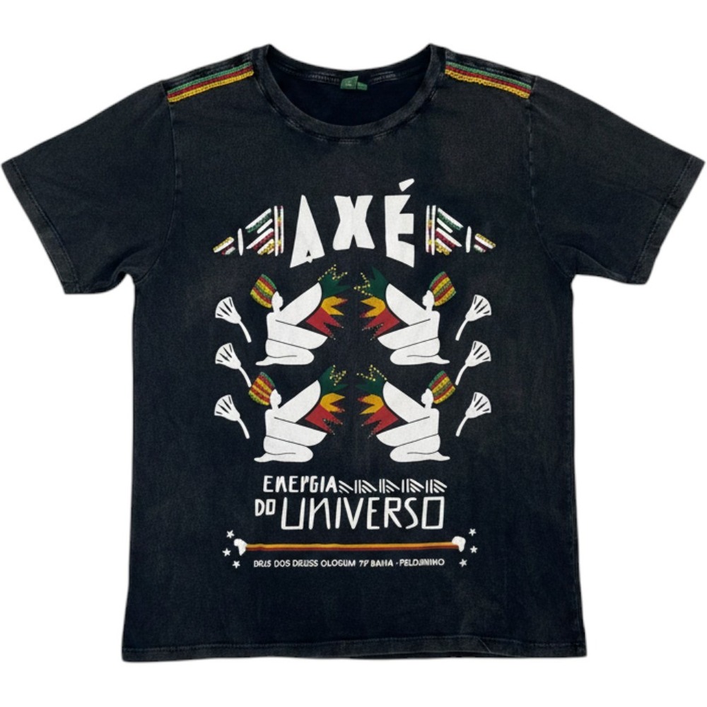 FARM Rio Graphic Tee Mens Small Black Gray Axé Energia do Universo Beaded Olodum